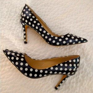 YDN- Black and White Polka Dot Chic Pointed Toe Mid Heel Pump Slip on Stiletto